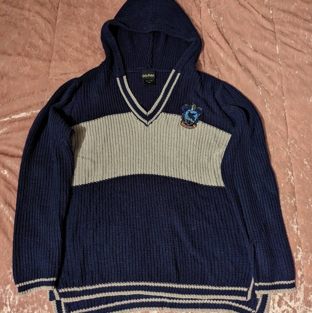 Harry Potter Ravenclaw Knit Hoodie Sweater Unisex Blue Crest Oversized Top